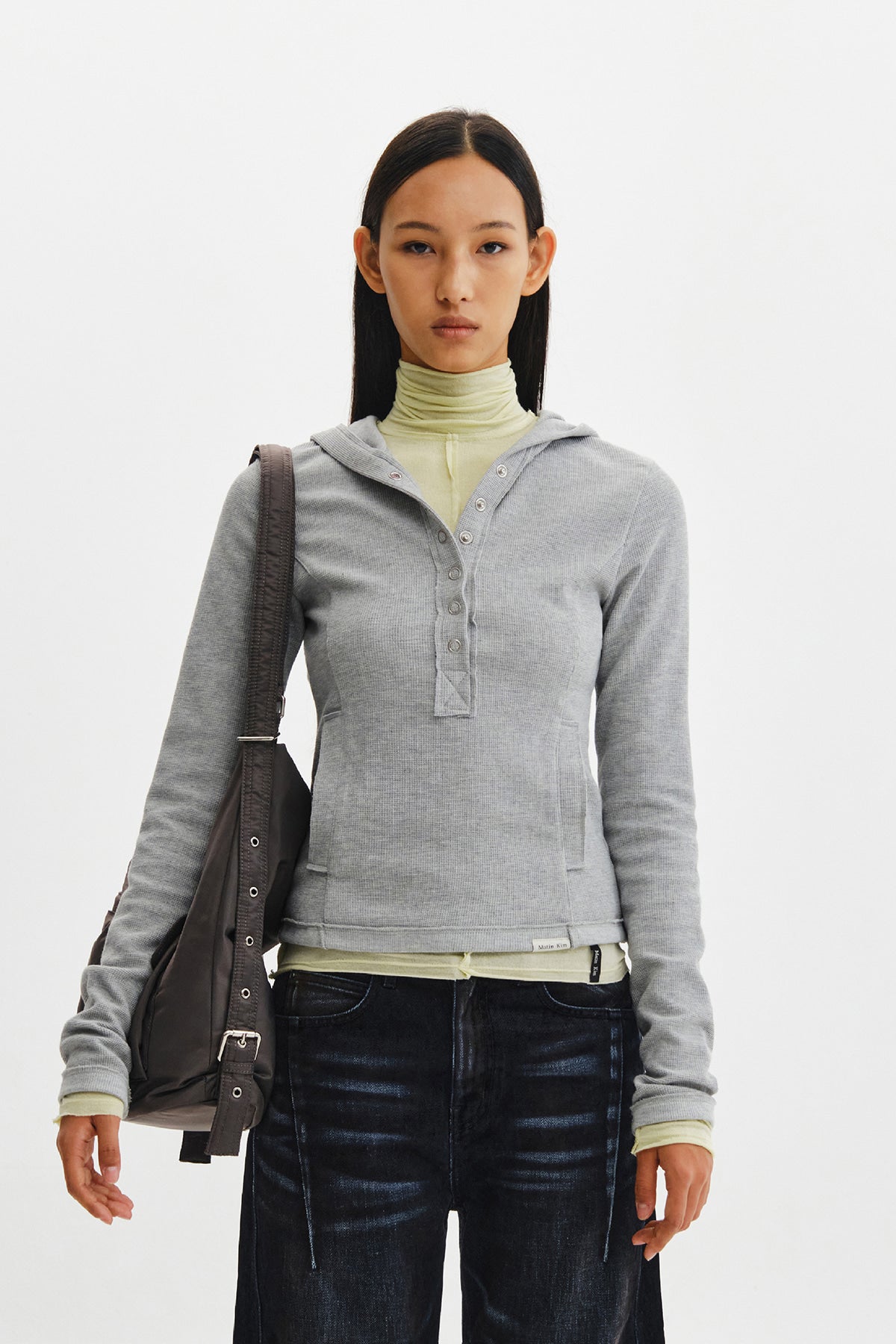 Matinkim Waffle Henley Neck Hood Top IN Grey