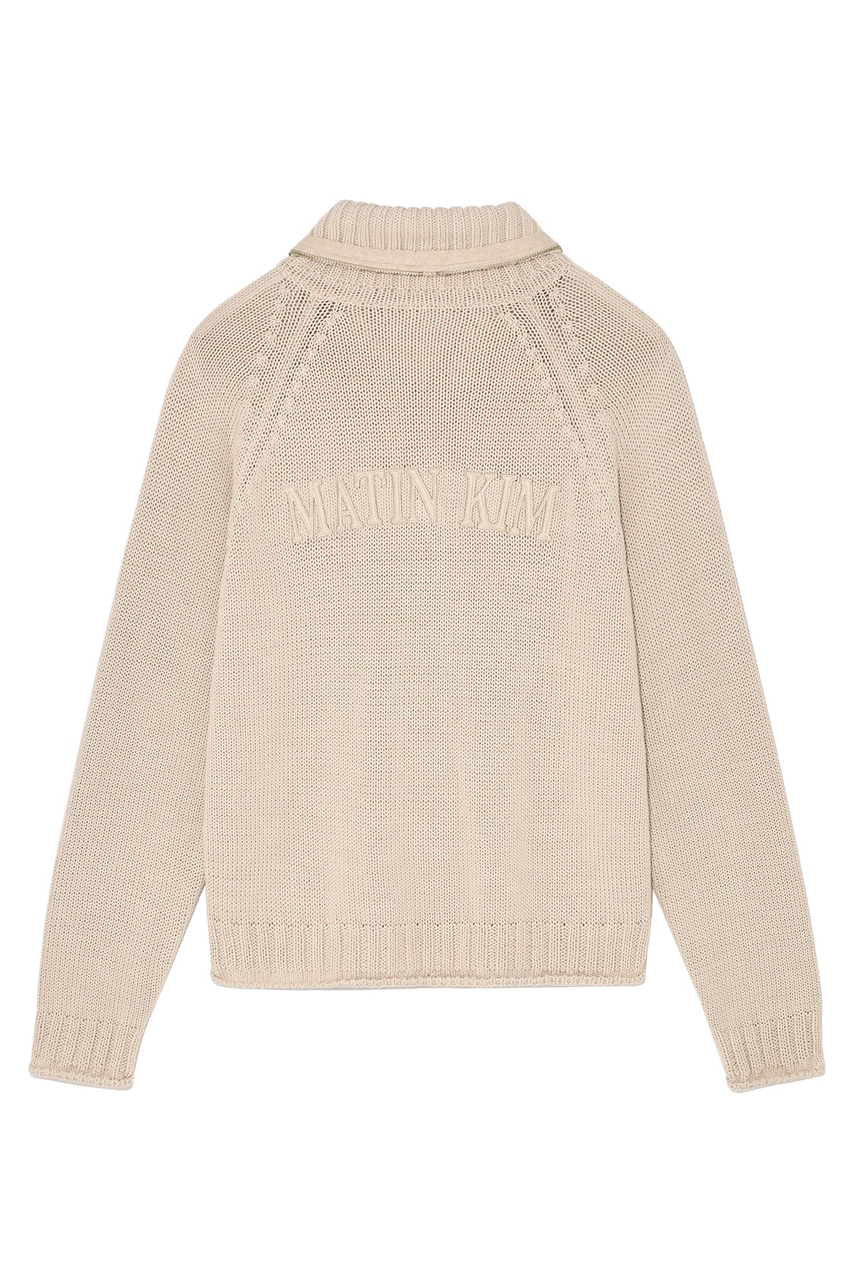 [matinkim] APPLIQUE LOGO PATCH KNIT ZIP UP FOR MEN IN LIGHT BEIGE