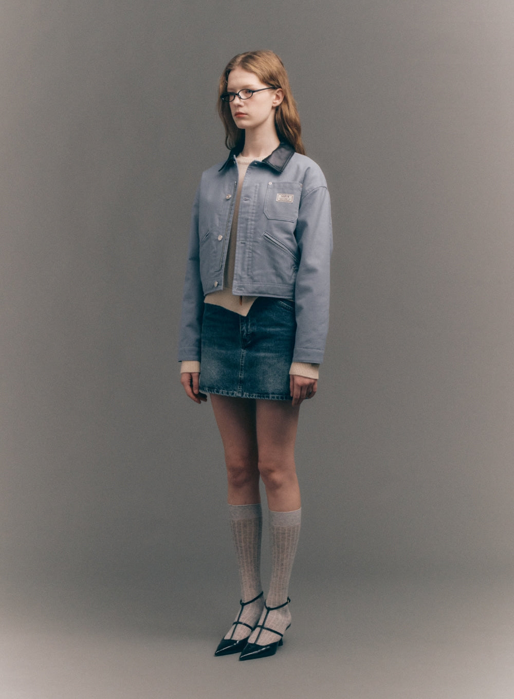 [satur] (W) Crop Cotton Work Jacket - Sky Blue