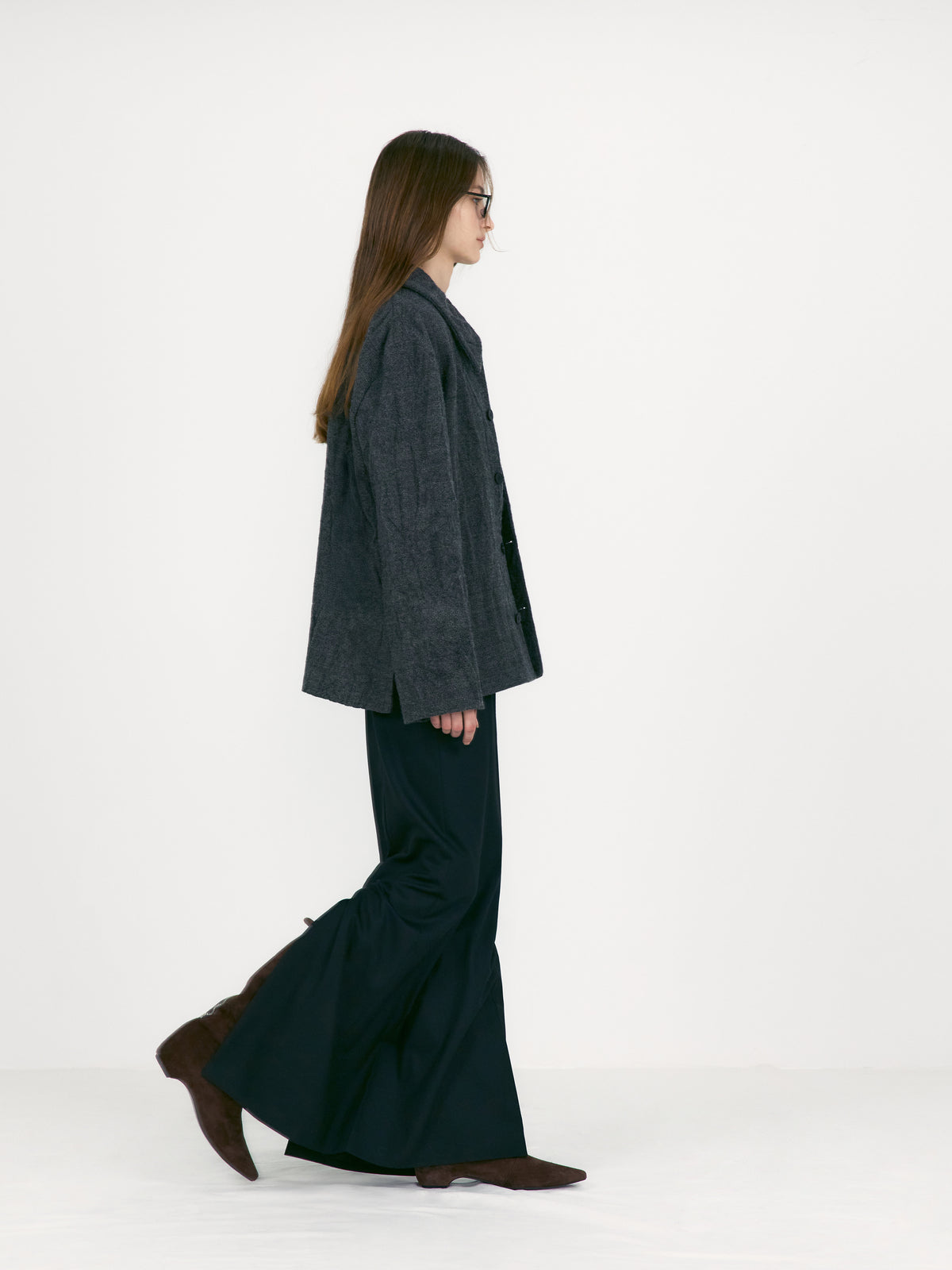 Low Classic Crumpled Wool Collar Jacket Tweed Check Grey