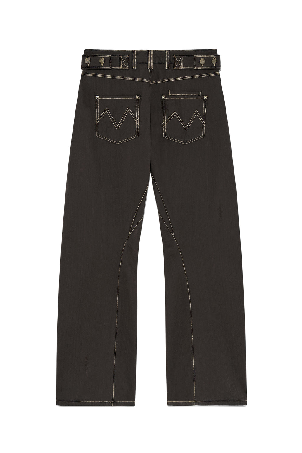 [matinkim] WAIST BUCKLE CURVED TWILL DENIM PANTS IN CHARCOAL