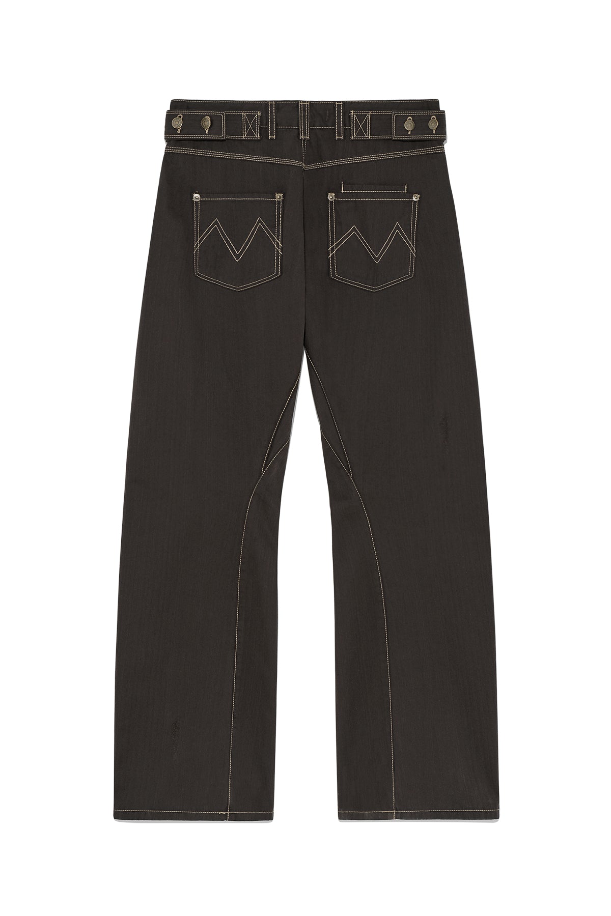 [matinkim] WAIST BUCKLE CURVED TWILL DENIM PANTS IN CHARCOAL