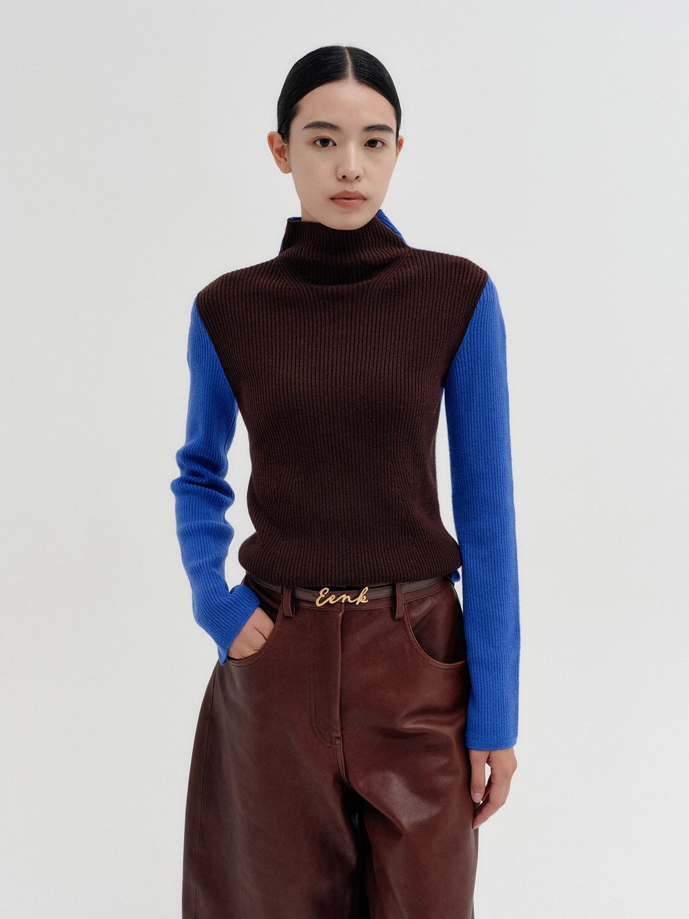 EENK Contrast High-Neck Knitwear Top - Blue