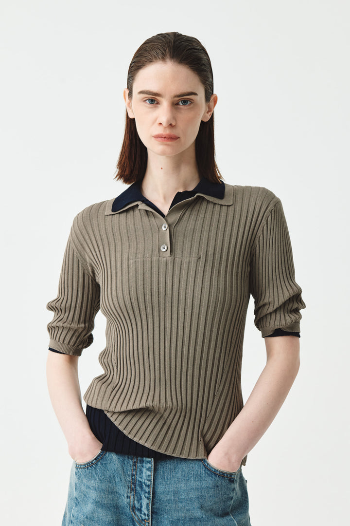 Matinkim See-Through Knit Pique Top IN Khaki Beige