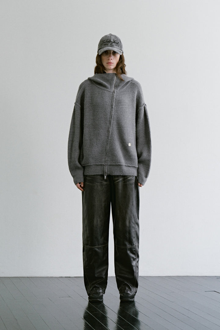 Treemingbird Diagonal Zip-up Knit Hoodie Gray