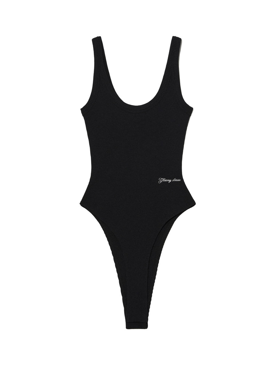GLOWNY G Scoop Neck Waffle Bodysuit (Black)