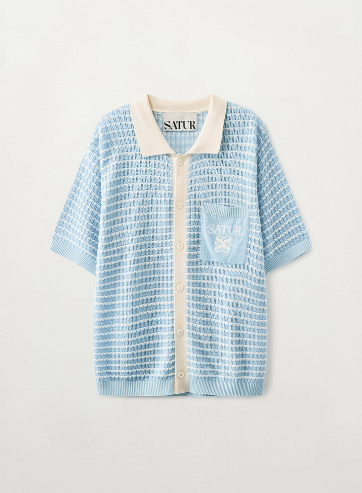 Satur Skashi Collar Half Knit Cardigan - Sky Blue