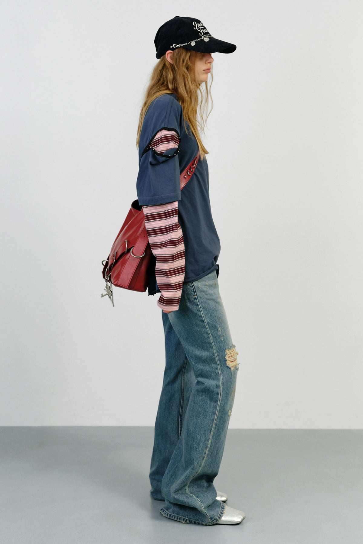 Instantfunk Layered Sleeve Stripe T Shirt - Navy