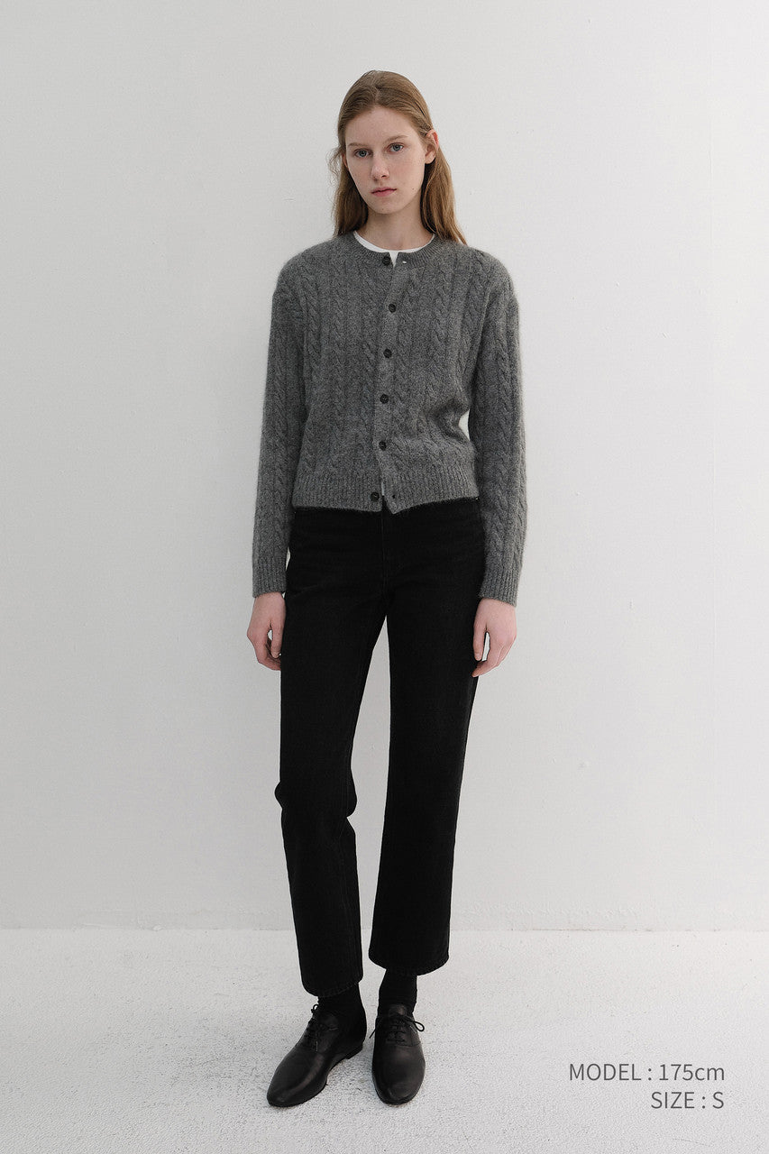 Dunst Unisex Hairy Cable Crew Neck Cardigan Melange Grey