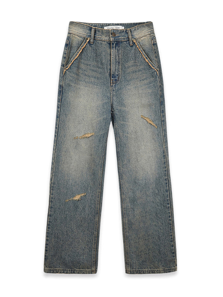 Matinkim Semi Boots Cut Washed Denim Pants IN Blue
