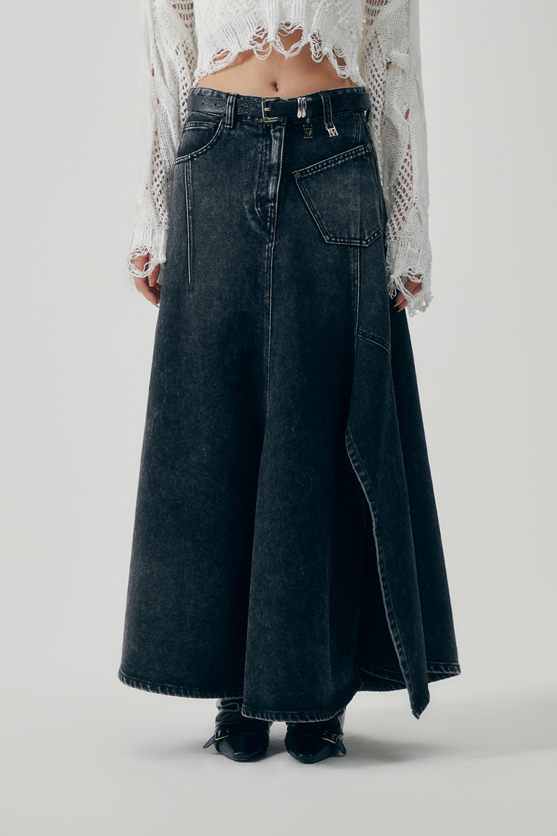Treemingbird Panel Line Denim Flare Skirt Black