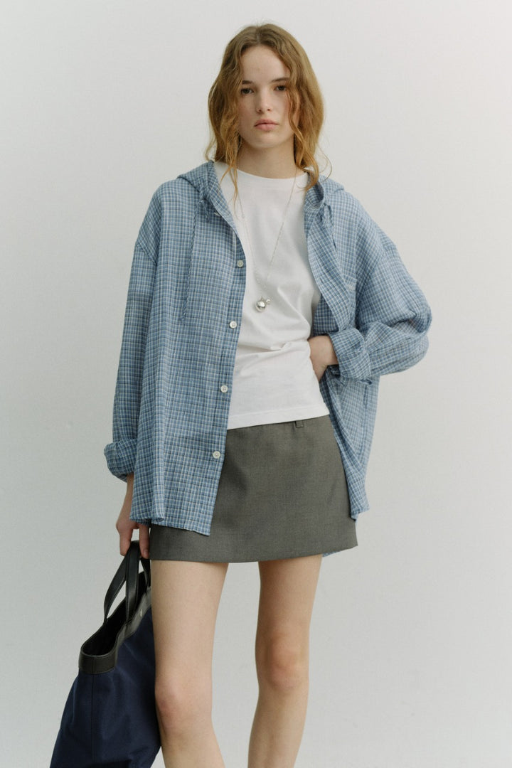 Dunst Unisex Classic Hooded Shirt Soft Blue Check