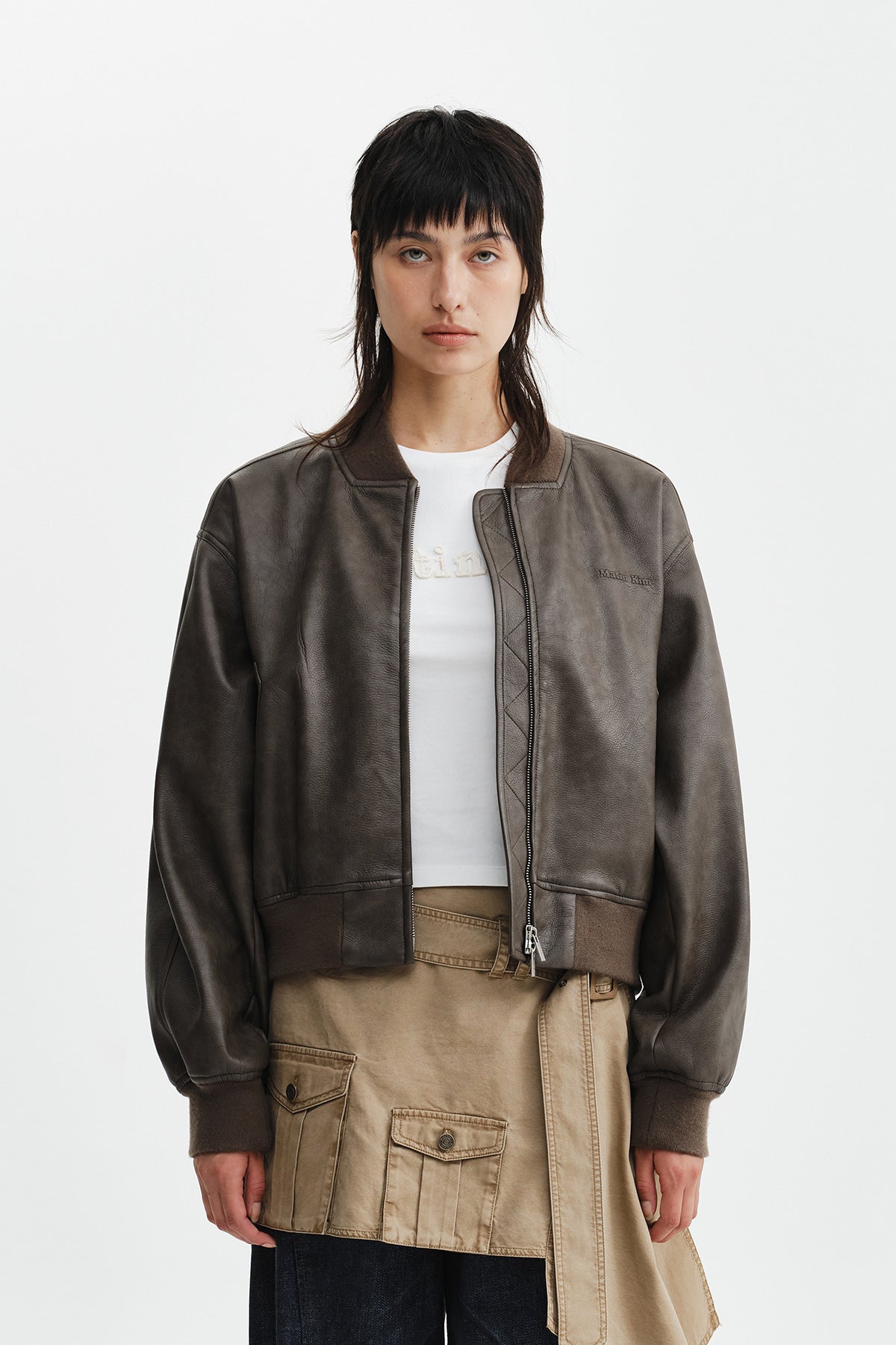 Matinkim Faux Leather Rib Collar Blouson For Women IN Brown