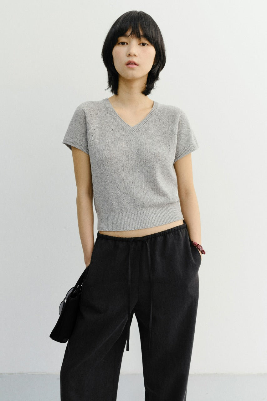 Dunst Summer Linen V-Neck Knit Melange Grey