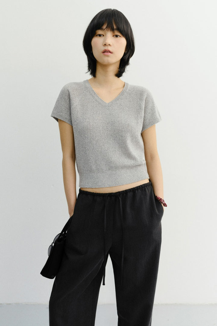 Dunst Summer Linen V-Neck Knit Melange Grey