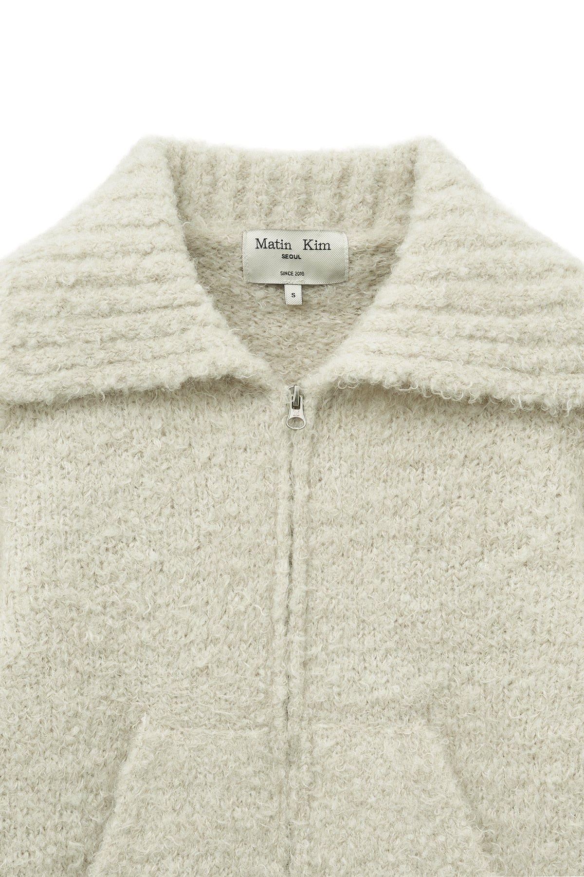 [matinkim] BOUCLE KNIT ZIP UP CARDIGAN IN LIGHT BEIGE