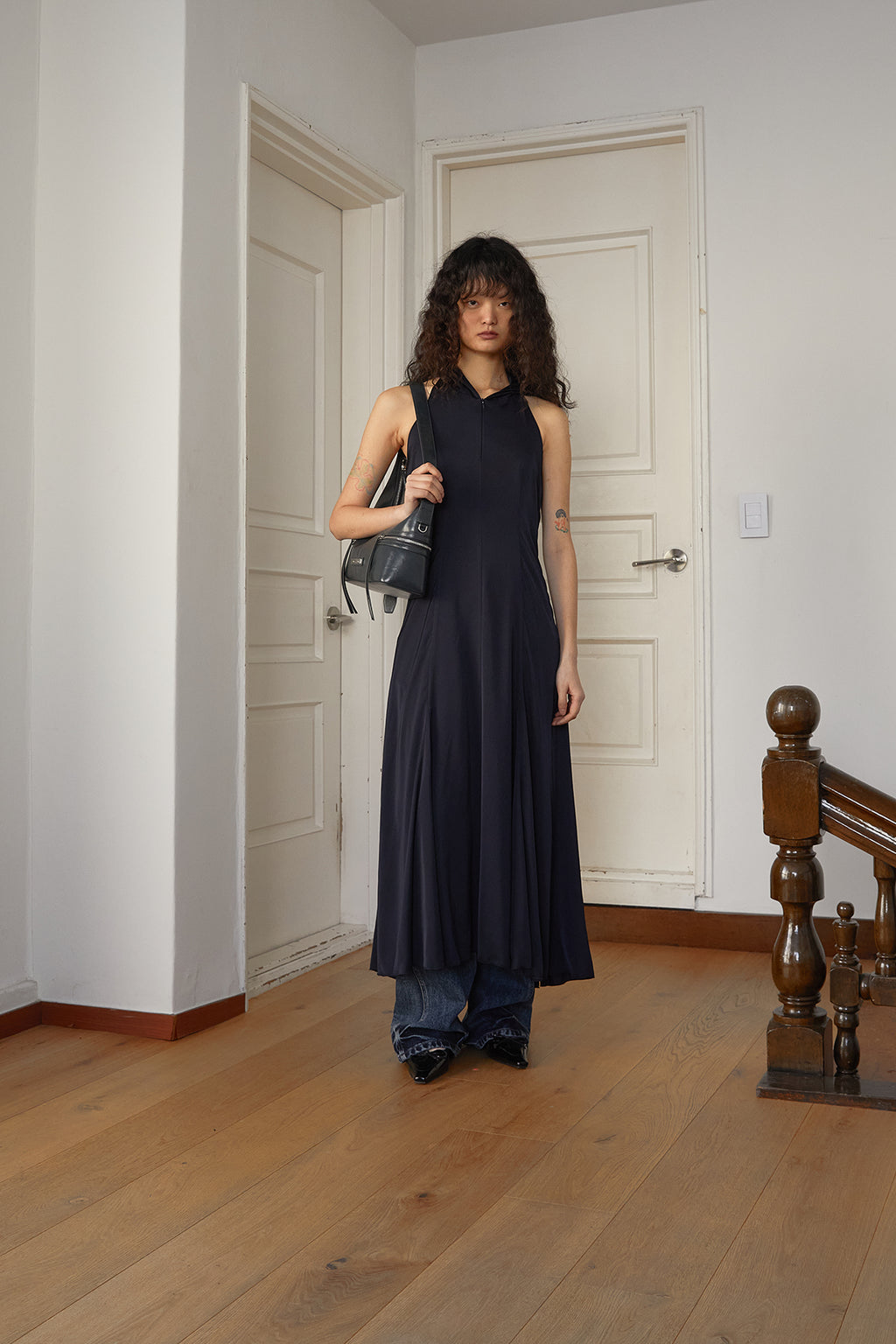 [matinkim] BACK STRING HOODY MAXI DRESS IN DARK NAVY