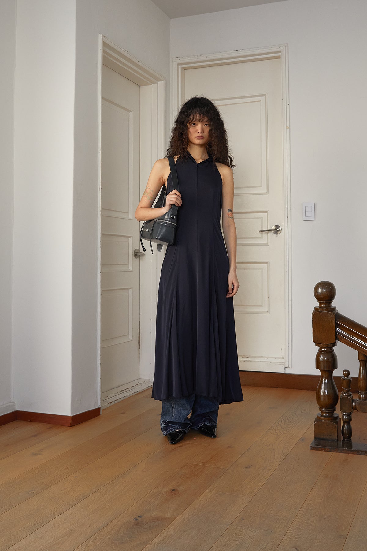 [matinkim] BACK STRING HOODY MAXI DRESS IN DARK NAVY