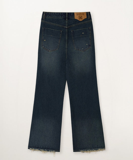 Satur Damage Washed Flare Fit Denim Pants - Deep Blue