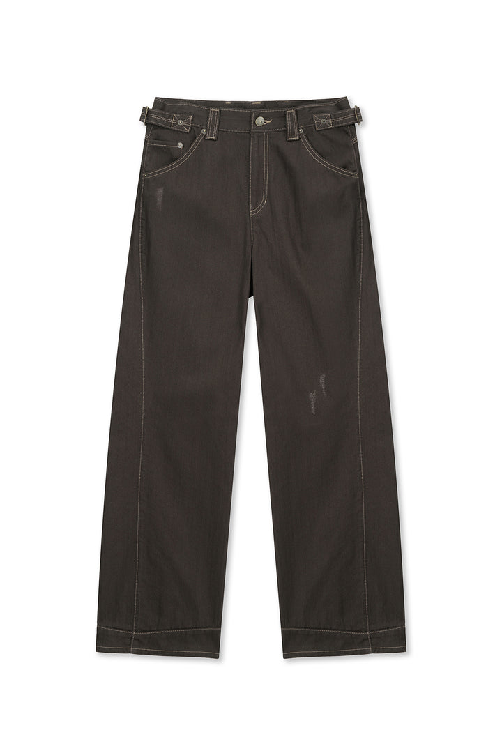 Matinkim Waist Buckle Stitch Point Twill Denim Pants IN Brown