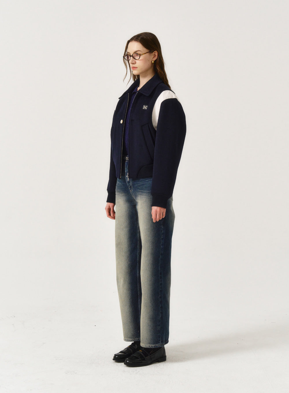 [satur] (W) Percy Wool Blend Varsity Jacket - Classic Navy