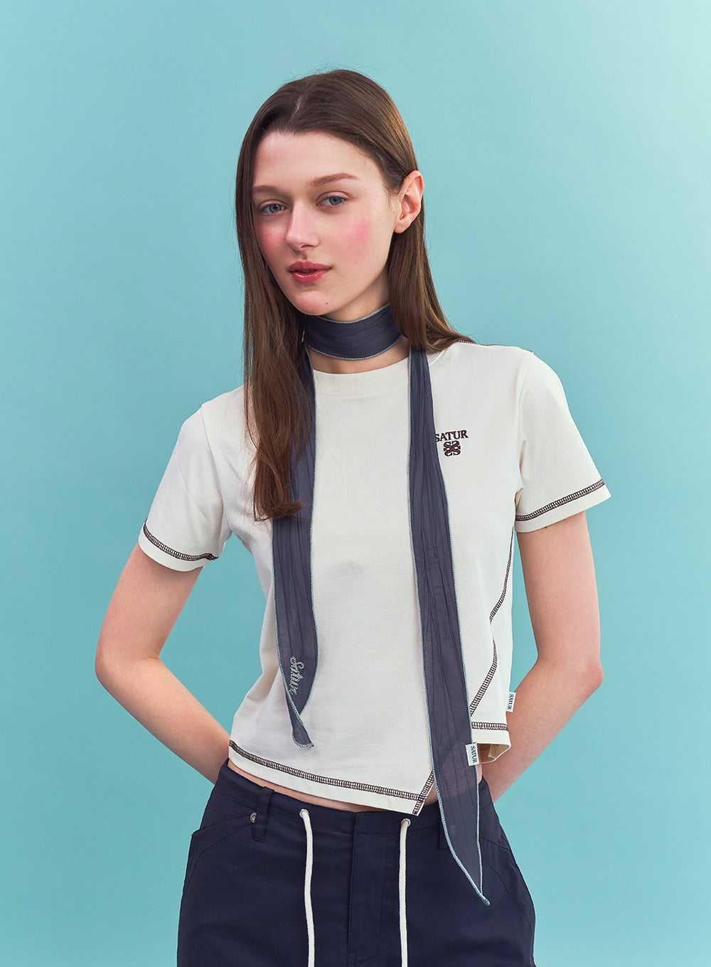 Satur (W) Wrinkle Color Block Scarf - Charcoal
