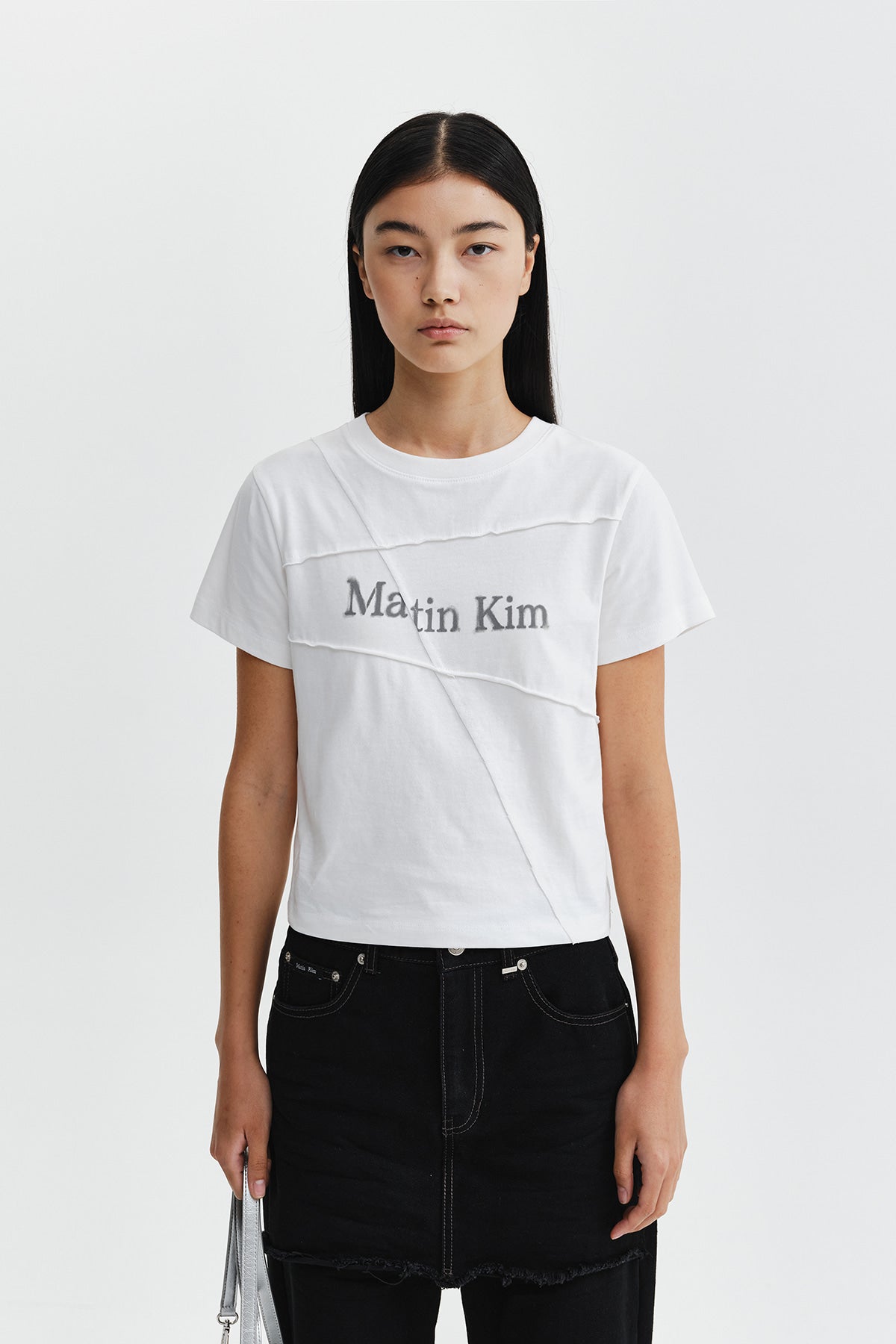 Matinkim Diagonal Cut Logo Crop Top IN White