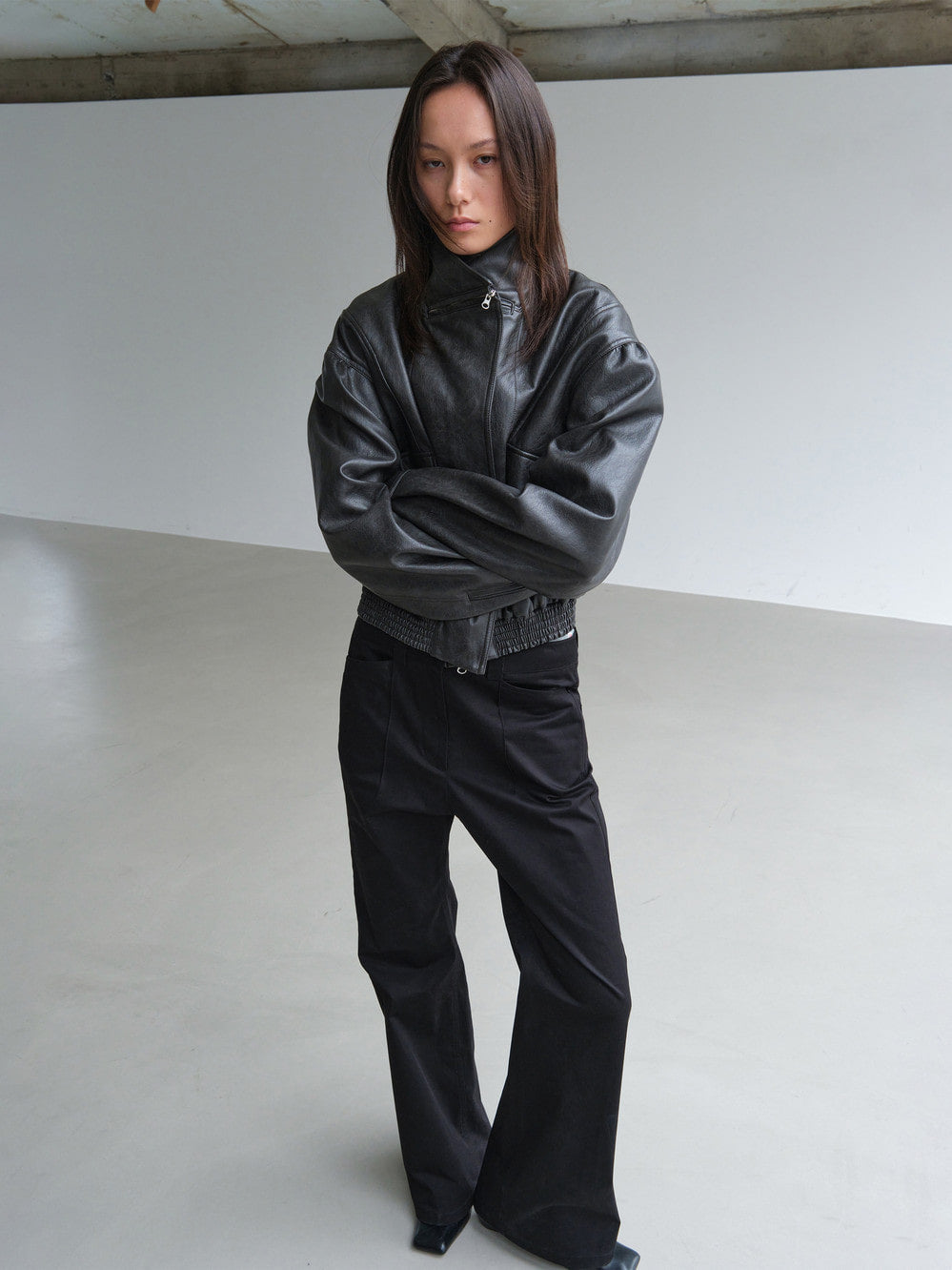 Low Classic Artificial Leather Short Jacket Charcoal