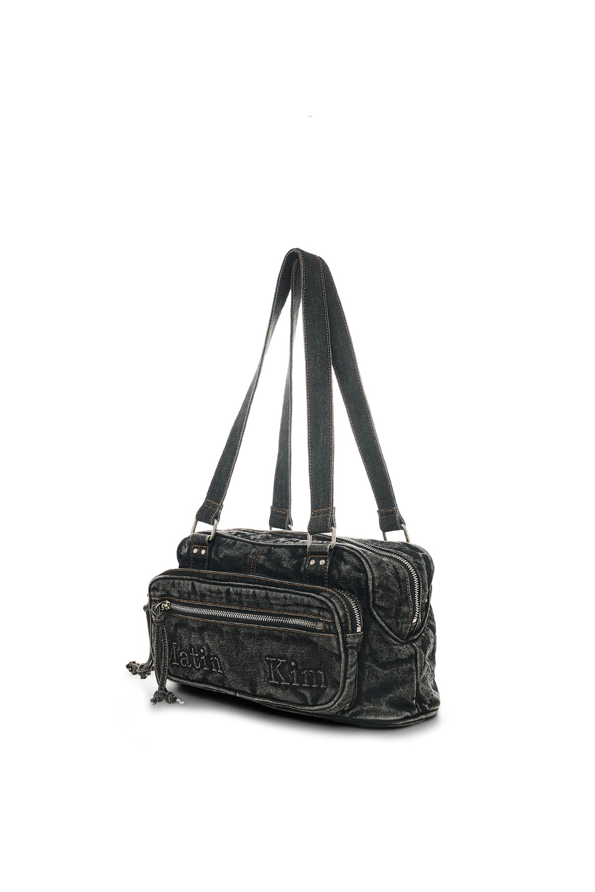 Black denim shoulder bag by Matin Kim, featuring a minimalist one-pocket design.