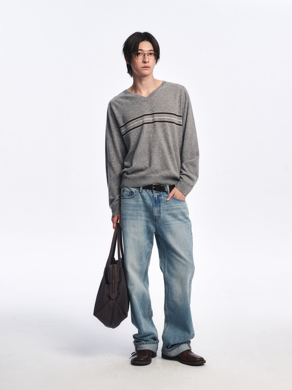 Low Classic Wool Blend Line Sweater Melange Grey