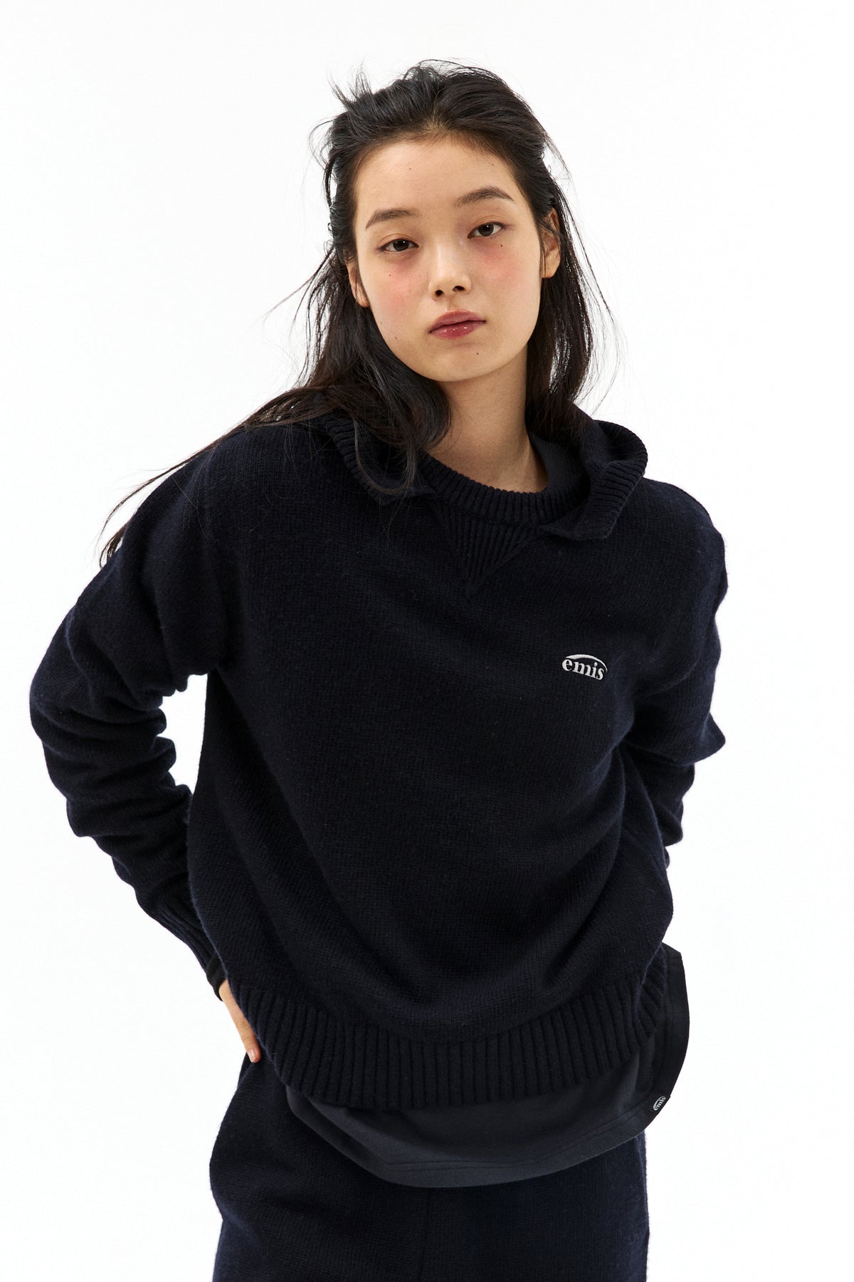 Emis Wrap Knit Hoodie-Navy
