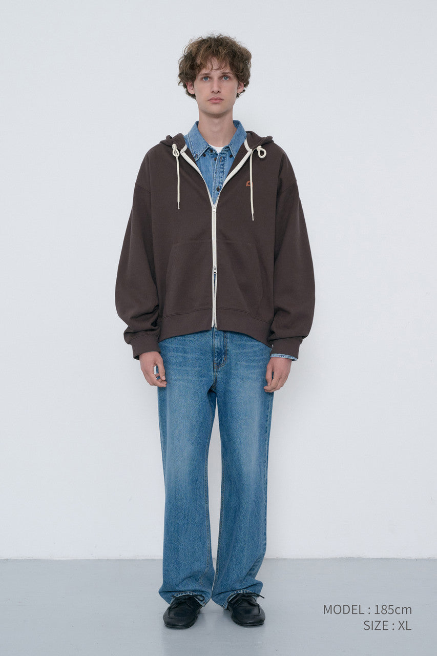 Dunst Unisex Leather Logo Zip-Up Hoodie Brown