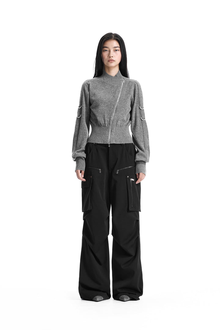 Treemingbird Sleeve D-ring Diagonal Zip Cardigan Gray