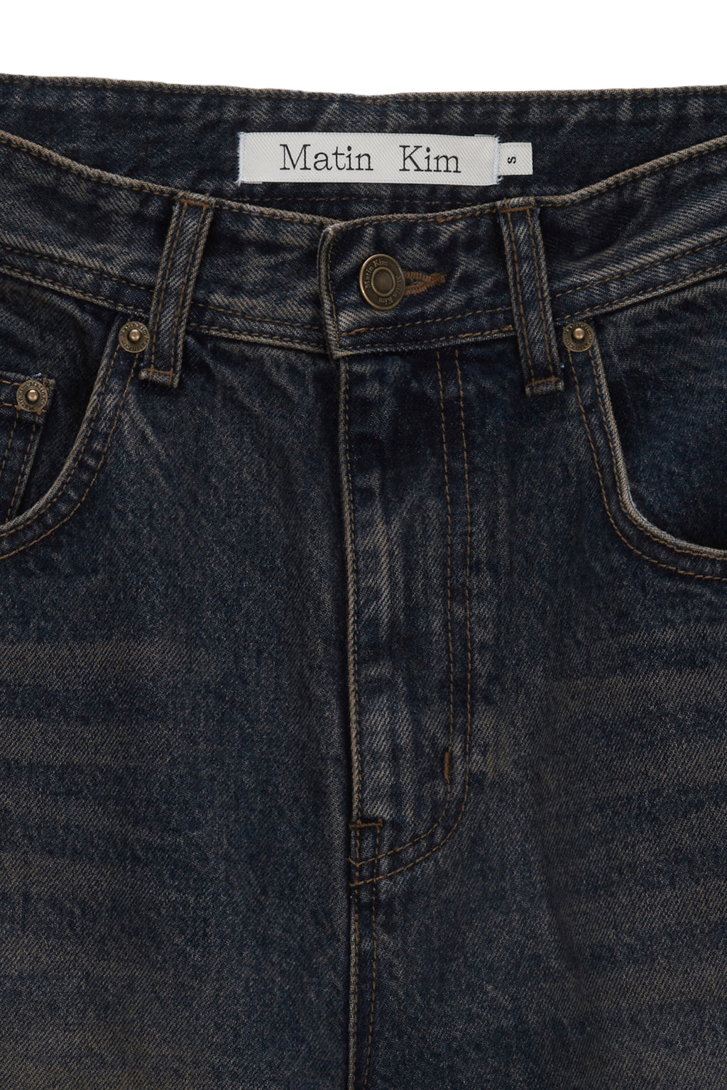 [matinkim] FOIL DETAIL DENIM BAGGY PANTS IN NAVY