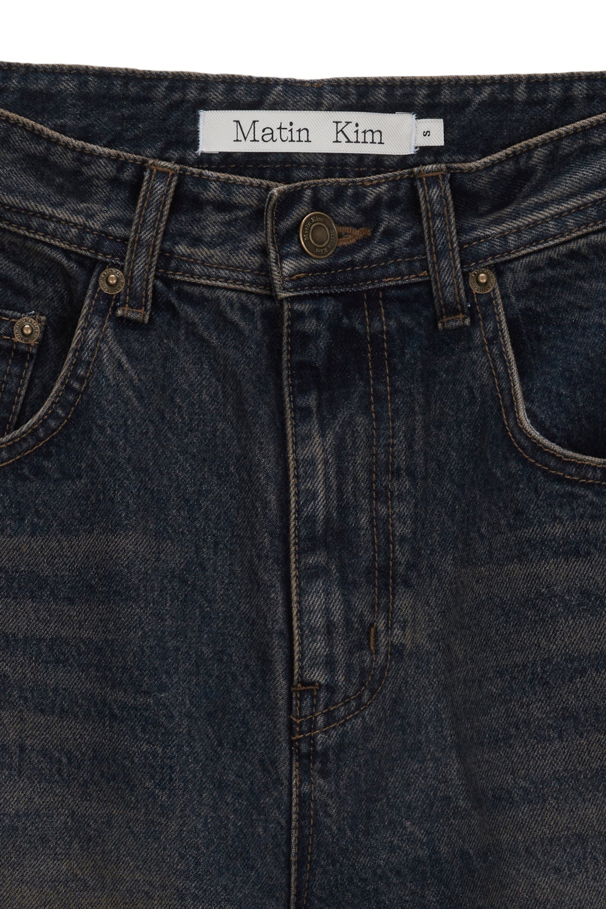 [matinkim] FOIL DETAIL DENIM BAGGY PANTS IN NAVY