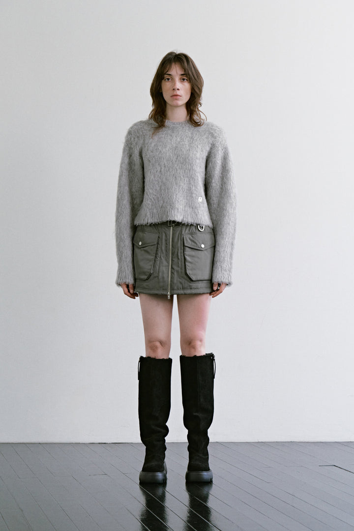 Treemingbird Shaggy Cropped Knit Pullover Light Gray