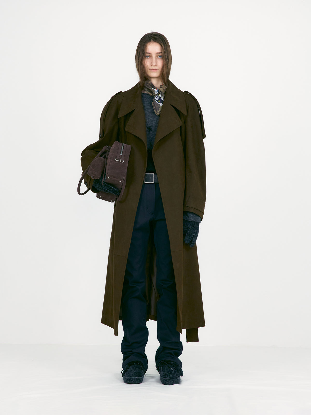 Low Classic Suede Belted Trench Coat Khaki Brown
