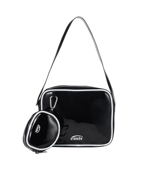 ENAMEL SHOULDER BAG WITH COIN PURSE SET-BLACK